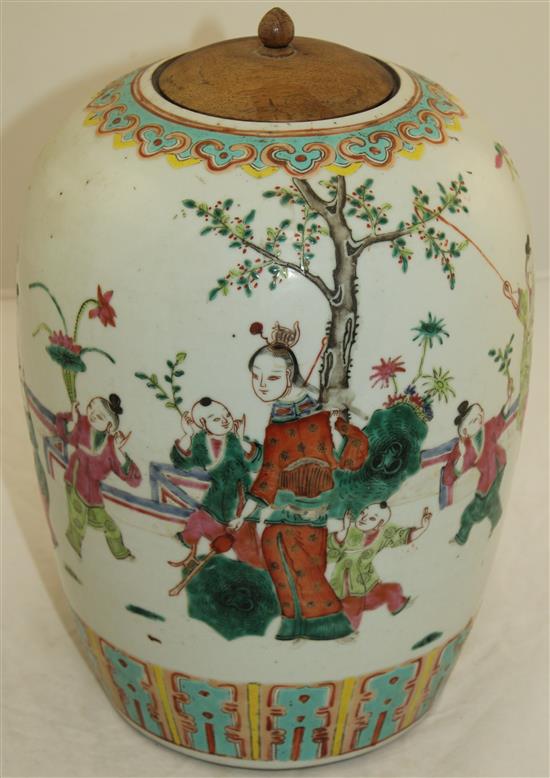 A Chinese famille rose ovoid jar, late 19th century, 32cm inc. wood cover